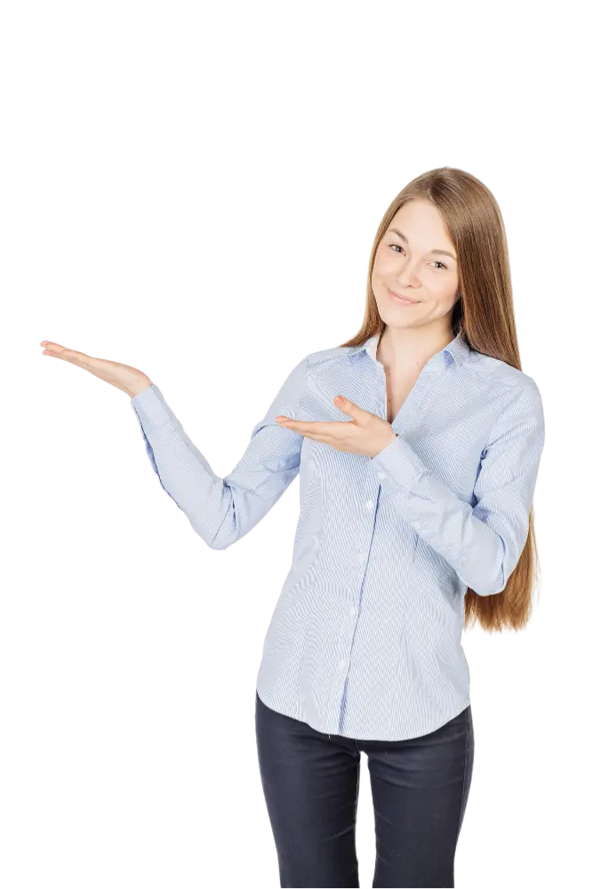 a girl showing here hand towards right